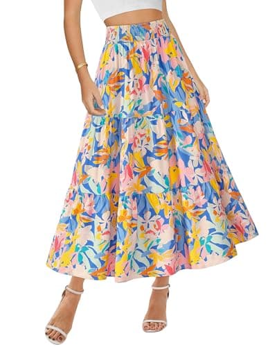 BTFBM Skirts for Women Summer 2026 Floral Print A Line Elastic High Waist Boho Maxi Skirt Spring Fashion Clothing Pocket(Floral Multicolour, X-Large)