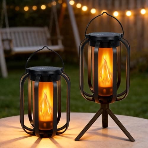 Solar Lantern Lights Outdoor, 2Pack Flickering Flame Light Hanging Solar Powered Lantern Lights Waterproof with Dual Charging (USB/Solar) & 2 Modes for Yard Patio Path Tree Garden Camping Decoration
