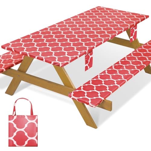 memKiya Fitted Waterproof Picnic Table Cover with Bench Covers Elastic Heat Resistant Outdoor Camping Tablecloth for 6 Foot Dinning Rectangle Tables Summer Rv Patio Garden Road Trip Essential Gift