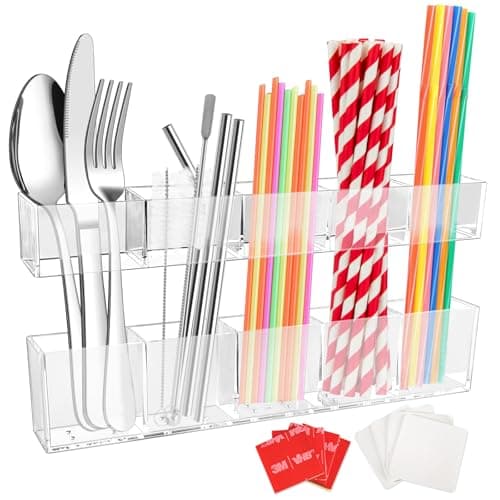 CRUCIBLY 9.5" Large Acrylic Straw Holder for Cabinet Door,Reusable Tumbler Straw Organizer with Ultra Sticky Adhesive Strips,Straw Storage for Kitchen Cupboard (Transparent)
