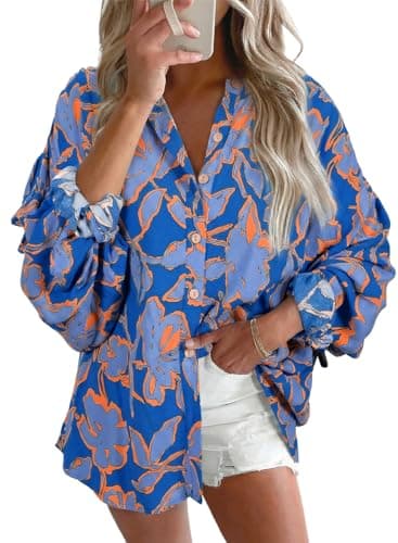 Astylish Womens Boho Floral Loose Spring Summer Tops Trendy Beach Vacation Clothes Lantern Sleeve Flowy Blouses V Neck Breathable Button Down Business Casual Shirts Blue Medium