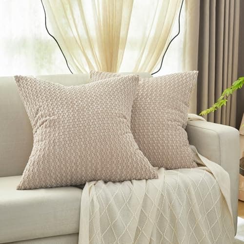 DCSKY Throw Pillow Covers 18x18,Pack of 2 Corduroy Decorative Throw Pillow Covers, Bohemian Style Home Decor for Sofa,Living Room,Couch Bed Decorative Throw Pillow Cover(Beige)