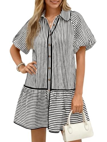 Wenrine Womens Summer Button Down Shirt Dress Casual Striped Puff Short Sleeve Collared Loose Mini Dresses with Pockets Black