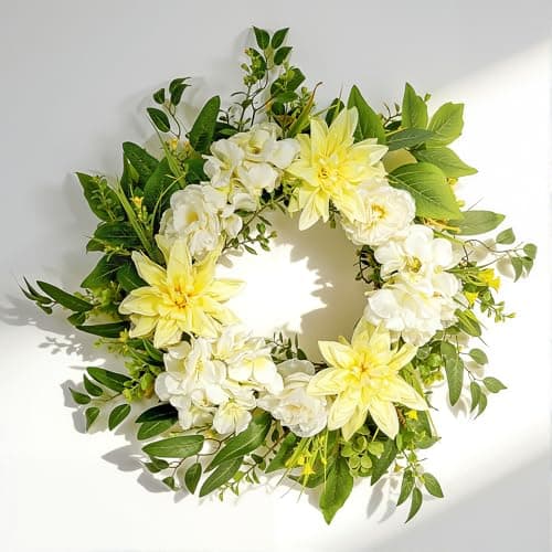 Nztze 22 Inch Wreaths for Front Door, Spring Summer Flower Wreath - Yellow Dahlia and White Hydrangea Artificial Wreath for Easter, Valentines, Front Door, Outdoor, Indoor, Window, Farmhouse Decor