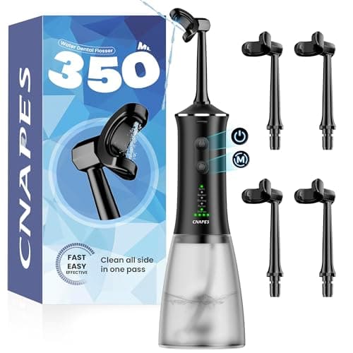CNAPES Cordless Water Flosser for Teeth: 4 Pressure Settings, 360° Clean with 4 U-Shaped Flossing Heads, IPX7 Waterproof, 30-Day Battery, Rechargeable Flosser for Braces Sensitive Gums, Easy to Clean
