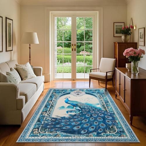 FLYRUGGO 3x5 Peacock Rug for Entryway, Modern Indoor Washable Entry Way Area Rugs, Small Soft Non-Slip Accent Carpet Door Mat for Dining Room Kitchen Kids Bedroom - Blue Peacock