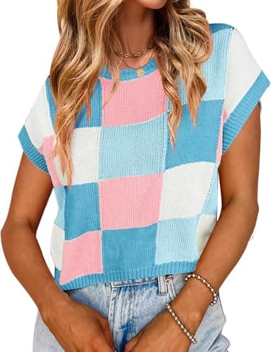 Libsorge Women's Knit Crop Top - Checkered Cute Sweater, Cap Sleeve, Crew Neck | Trendy Casual Short Sleeve Blue