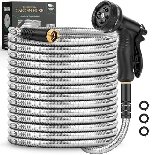 Garden Hose 50 FT, Metal Stainless Steel Water Hose with 10 Function Nozzles, No Kinks, Flexible Hose, Lightweight, Puncture Proof, Heavy Duty Hose for Yard and Outdoor