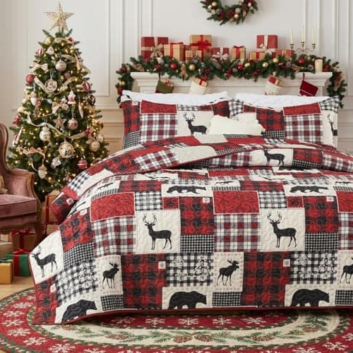 CAROMIO Christmas Quilt Set King Size, Reversible Printed 3 Pieces Quilts Coverlet Bed Set Holiday Decorative Bedding, Soft Microfiber Fabric, 1 Quilt and 2 Pillow Shams (Black Red, King)