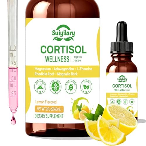 Suiyilary Cortisol Liquid Drops Support Supplements for Men and Women, Cortisol Detox Hormone Balance with Magnesium, Ashwagandha, L-theanine for Mood Support, Lemon Flavor, 60ml