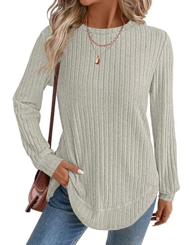 Long Sleeve Shirts for Women Lightweight Sweaters Long Sleeve Tunic Tops Fashion Curved Hem Dressy Cozy Blouses (Apricot, Medium)