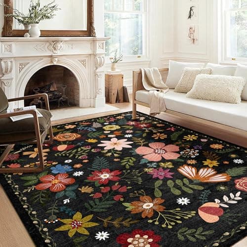 Washable Area Rug, Floral Rug, Large Carpet for Living Room & Bedroom, 9'x 12',Black