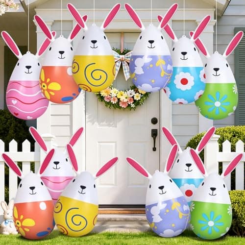 12 Pack 18 Inflatable Easter Eggs with Rabbit Shapes, Blow Up Easter Yard Decorations Colorful Outdoor Ornaments for Garden Lawn Spring Party Supplies & Egg Hunt Games