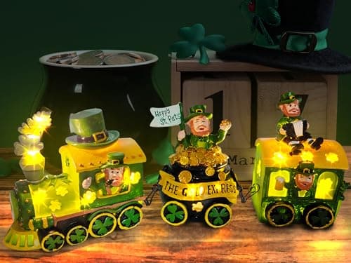 Hexagram St Patricks Day Decorations Train, Lighted Saint Patrick Decor for Tabletop, Leprechaun Centerpieces Table Centerpieces, Ireland St Patricks Day Decorations for Home Decorative Figurines