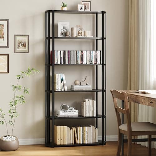 GarveeHome 71" Tall Book Shelf, Freestanding 6-Tier Wood Bookshelf with Sturdy Metal Frame, Modern Industrial Style Display Bookcase for Living Room, Bedroom, Home Office, Black