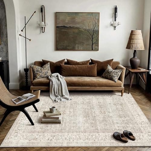 HUGEAR 5x7 Area Rugs Machine Washable Retro Grey Living Room Bedroom Rug Distressed Vintage Neutral Stain Resistant Non Slip Low Pile Throw Carpet for Home Aesthetic Decor