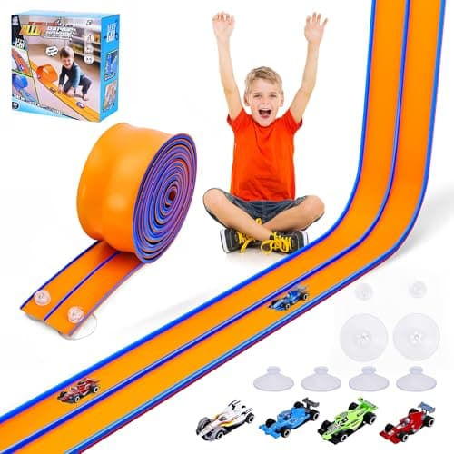 FUTESI Flexible Race Car Track for Kids 15 Ft Flex Tracks Starter Set Compatible with Diecast 1/64th Cars Portable Rolls Up Race Tracks with Strong Suction Cups Birthday Gifts for Boys Girls Ages 3+