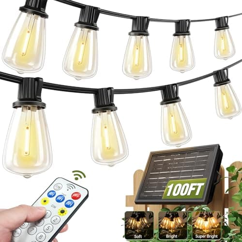 Skoiuc 100FT Solar String Lights Outdoor Waterproof with Remote & Timer, LED Shatterproof ST38 Bulbs, USB & Solar Powered Patio Lights for Backyard, Porch, Garden, Wedding, Christmas Decor