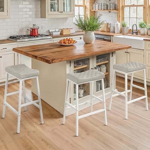 Compsia Counter Height Bar Stools Set of 3, Barstools with Thick PU Leather Saddle Seat & White Metal Legs,24Inch Kitchen Counter Stools,Light Beige Grey
