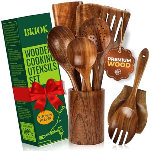 Bkiok Teak Wood Utensil Set, Wooden Utensils set for Kitchen Handmade Cooking Utensil Set with Spoon Rest and Utensils Holder (9Pcs)