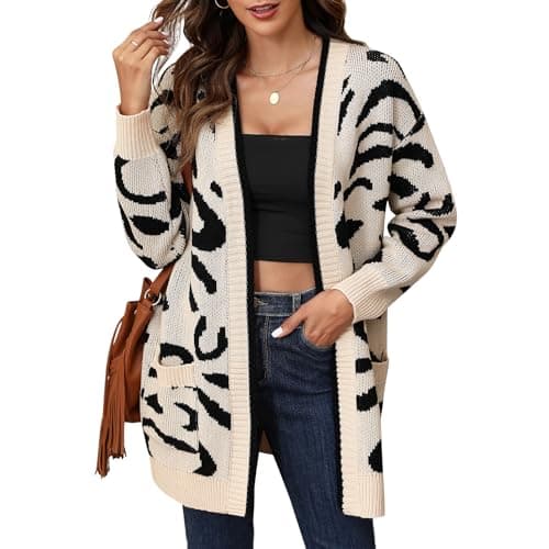Women Fashion Leopard Print Long Sleeve Sweater Cardigan Loose Knit Open Front Fall Winter Outwear Coats Plus Size Clothes with Pockets Beige L