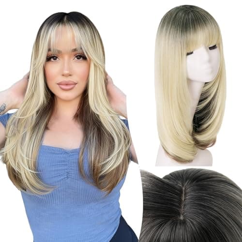 NOSTALGIA Wig with Bangs for Women Ash Blonde with Black Highlights-Dark Roots Straight Face-Framing Layers Hairstyle 4x4 Realistic Scalp Glueless Synthetic Wigs for Everyday Use