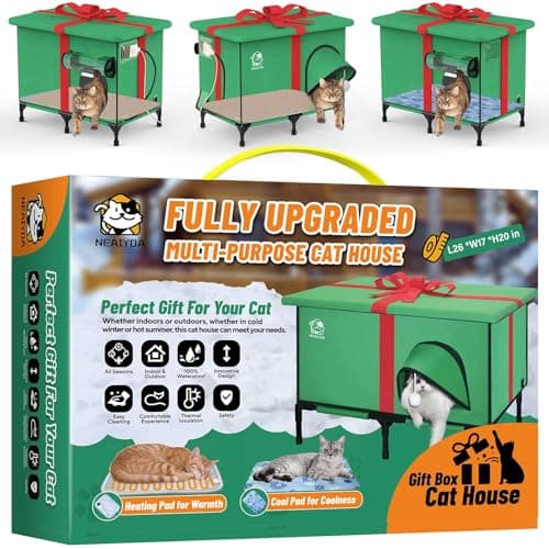 NEAIYDA Outdoor Heated Cat House,Weatherproof and Insulated Outside Cat Shelter with Heated Pad and Cooling Pad(4 Seasons Universal),Gift Box for Cats.(Large)