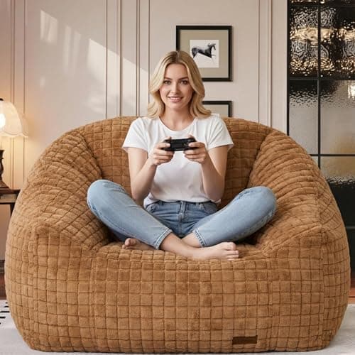 lilanoon Bean Bag Chairs for Adults, Giant Beanbag Sofa Comfy Reading Chair, Oversized Bean Bag Chairs for Living Room Bedroom, Soft Faux Fur Fabric, 3.2FT, Khaki, Checkered