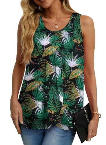 IWOLLENCE Womens Summer Tank Tops Sleeveless Chiffon Double Layers Blouse Loose Round Neck Casual Shirts Black Palm Leaf Medium