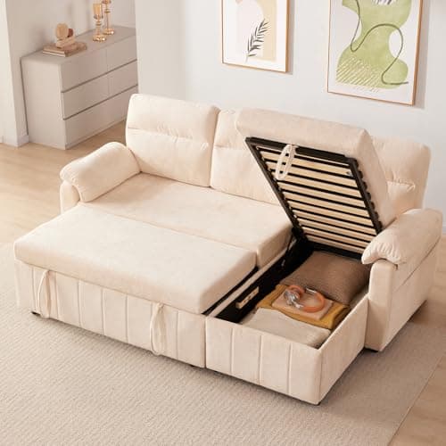 Tbfit 84" Sofa Bed Couch, Pull Out Couch with USB & Type-C Charging, Convertible Sofa Bed with Storage Chaise, Chenille Queen Sleeper Sofa for Small Spaces, Living Room, Apartment, RV, Beige