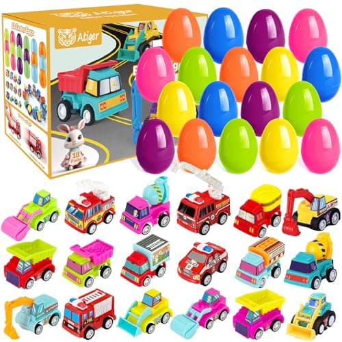 Atiger 18 PCS Easter Egg Fillers with Toys Inside, Easter Basket Stuffers for Toddlers Filled Pull Back Engineering Vehicles Plastic Eggs Party Favors for Kids Egg Hunt Gift Easter Basket Essentials
