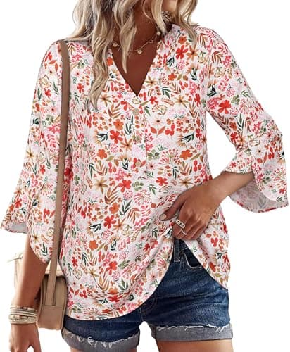 LOOKBOHO Womens 3/4 Sleeve Tops Dressy Casual Boho Blouses Ruffle Sleeve Button V-Neck Business Tops White&Red XL