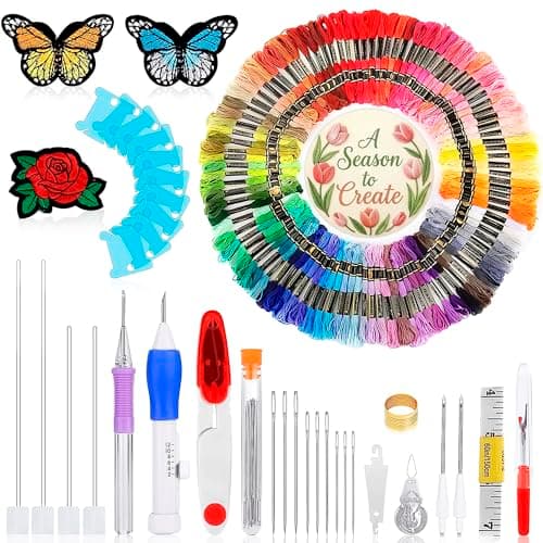 137-Piece Embroidery Floss Kit – 100-Color Punch Needle Kit with Needle Thread Cutter, Needles & Cross Stitch Tools, 7" x 3.94" Storage Case – for Hand Sewing, Gift Making, Beginners & DIY Needlework