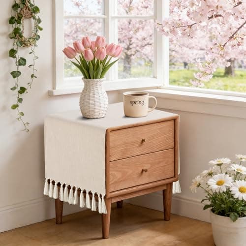 yuboo 36 Inches Boho Nightstand Dresser Cover Top for Bedroom, Short Cream Small Farmhouse Coffee Table Runner , Rustic Table Cover for Bedside Table, End Table, Nightstands, TV, Spring Table Decor