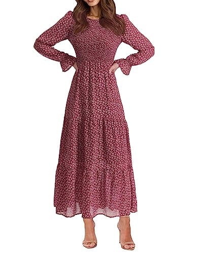 BTFBM Women Casual Long Sleeve Crew Neck Fall Dress Bohemian Relaxed Fit Floral Flowy Maxi Dresses Tiered Cocktail Dress(Floral Red White,X-Large)