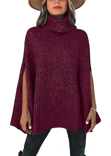KIRUNDO Women's 2026 Fall Winter Turtleneck Poncho Sweater Fashion Chunky Knit Cape Wrap Sweaters Pullover Jumper Tops(Dark Purple Red, Medium)