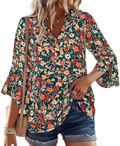 LOOKBOHO Boho Tops for Women 3/4 Sleeve Floral Blouses Ruffle Sleeve Button V-Neck Casual Business Shirts Orange XXL