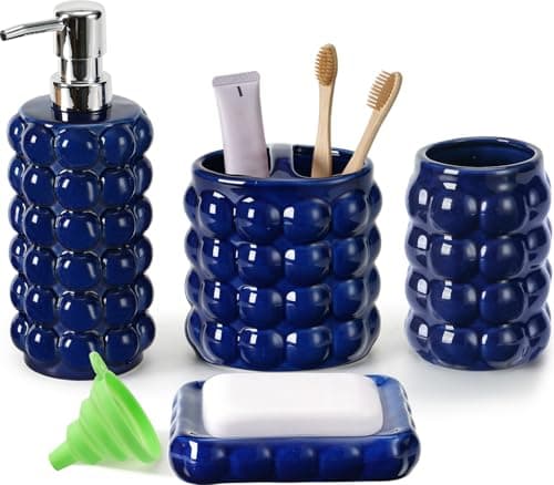 4 Piece Ceramic Bathroom Accessories Set –Soap Dispenser,Toothbrush Holder,Tumbler & Soap Dish,Includes Silicone Funnel,Non-Slip,Modern Farmhouse Countertop Organizer Set for Bathroom Decor, Navy Blue