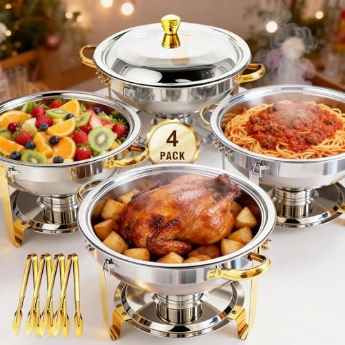 POWERFUEL Chafing Dishes for Buffet 4 Pack, 6QT Round Chafing Dish Buffet Set for Parties, Gold Stainless Steel Buffet Servers and Warmers with 4 Serving Tongs, Food Warmers for Christmas Gatherings