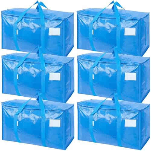 TICONN 6 Pack Extra Large Moving Bags Heavy Duty with Zippers & Carrying Handles, Durable Storage Bags Moving Boxes for Closet Organizers and Storage (6 Pack, Sky Blue)