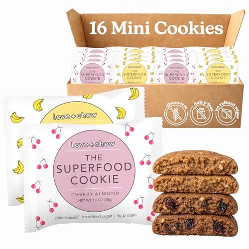 Love + Chew Superfood Mini Vegan Cookies, Gluten Free, 3-4g Plant Based Protein Per Cookie, Healthy Snacks, Refined Sugar Free, Individually Wrapped Cookies, Banana Bread and Cherry Almond, 16 Pack