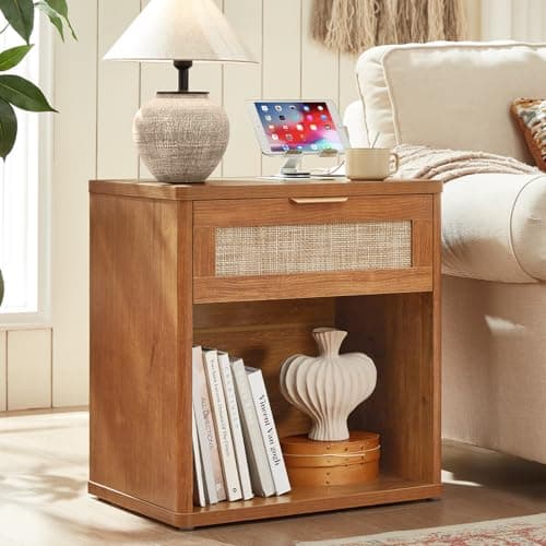LEYAOYAO Rattan Nightstand with Charging Station, 23" Wide Boho Night Stand with Drawer, Natural Wood Bedside Table Open Storage Cabinet, Bed Side End Tables Dresser for Bedroom, Living Room, Hallway