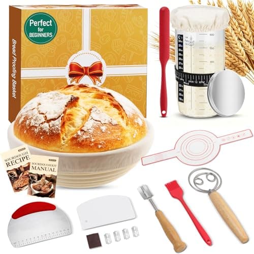 Complete Sourdough Starter Kit, 9 Inch Bread Proofing Basket, 24 Oz Sourdough Starter Jar Kit, Sourdough Bread Baking Supplies, Sour Dough Starter Kits for Beginners Home Bakers Wife Mom