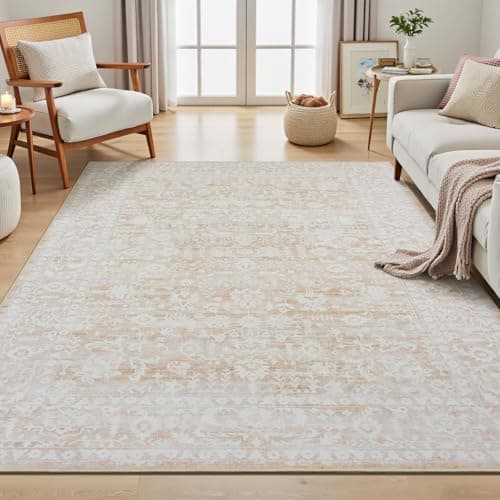 RUGVIGO Beige Floral Washable 5x7 Area Rugs for Living Room, Vintage Neutral Non Slip Bedroom Rug, Indoor Retro Soft Distressed Carpet for Home Office Dorm Dining Room