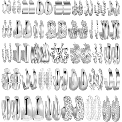 36 Pairs Gold Hoop Earrings Set for Women, Fashion Chunky Gold Hoop Earrings Multipack, Hypoallergenic Pearl Chain Twisted Statement Earring Pack for Birthday Party Jewelry