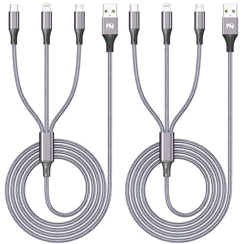 AICHUA 3 in 1 Multi Charging Cable 6ft, 2 Pack Nylon Braided Charger Cord with Lightning, USB C and Micro USB Connectors, Universal Phone Charging Cable for iPhone and Android Devices