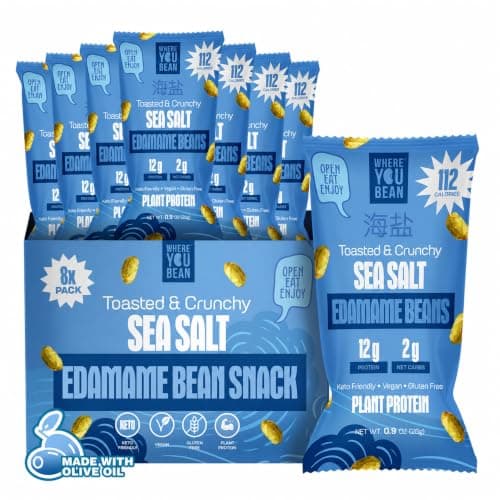 Where You Bean Edamame Beans Snack (Sea Salt) - Crunchy and Dry Roasted Edamame Beans - High Protein Snacks, Keto and Vegan Healthy Snacks for Adults & Low Carb Snack 0.9 oz (Pack of 8)