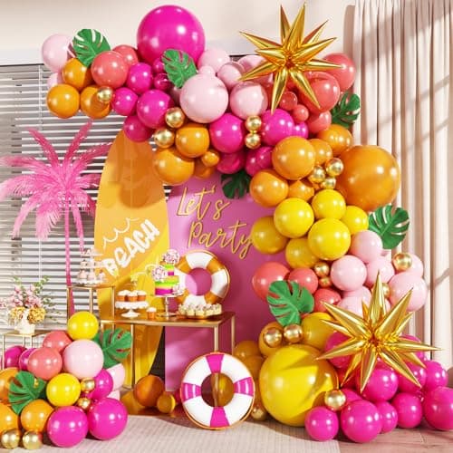 Tropical Balloon Arch Kit 140Pcs Pink and Orange Balloon Arch Kit Include Hot Pink Orange Yellow Pink Gold with Foil Star Balloons for Hawaiian Luau Aloha Theme Baby Shower Birthday Party Decorations