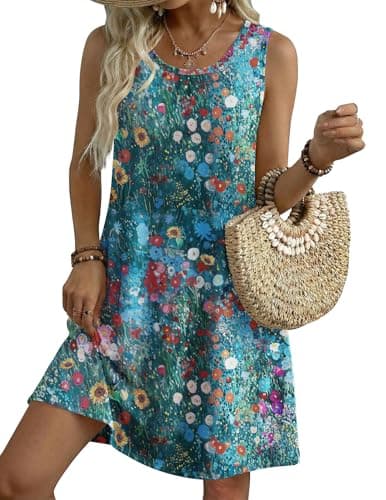 Zeagoo Summer Tank Dress Short Sundresses for Women Sleeveless Summer Dresses 2026 Pleated Loose Swing Aline Dress Floral Boho Sundress 0-Neck Mini Dresses with Pockets Colorful
