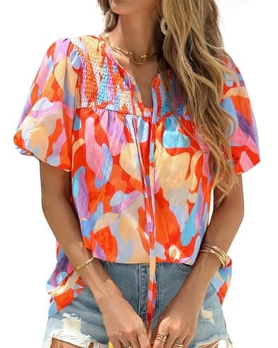 KIRUNDO Boho Tops for Women Summer 2026 Dressy Floral Blouse V Neck Drawstring Short Sleeve Shirts Beach Vacation Clothes(Pink Multicolored, XX-Large)